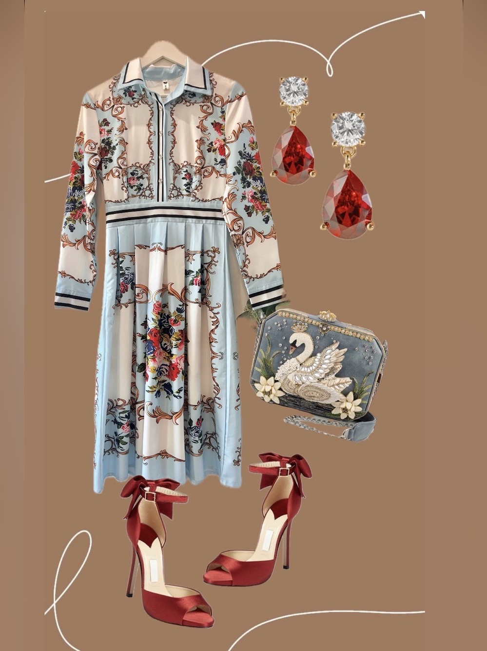 Long Sleeve Floral Print Midi Dress in Light Blue and Cream